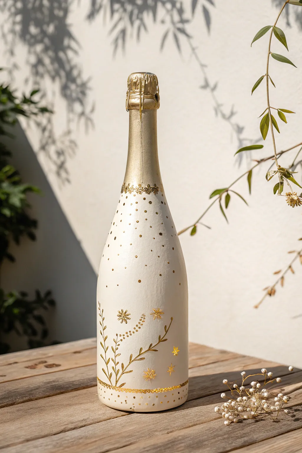 Luxe champagne bottle painting with subtle gold dots and starbursts for a chic celebration