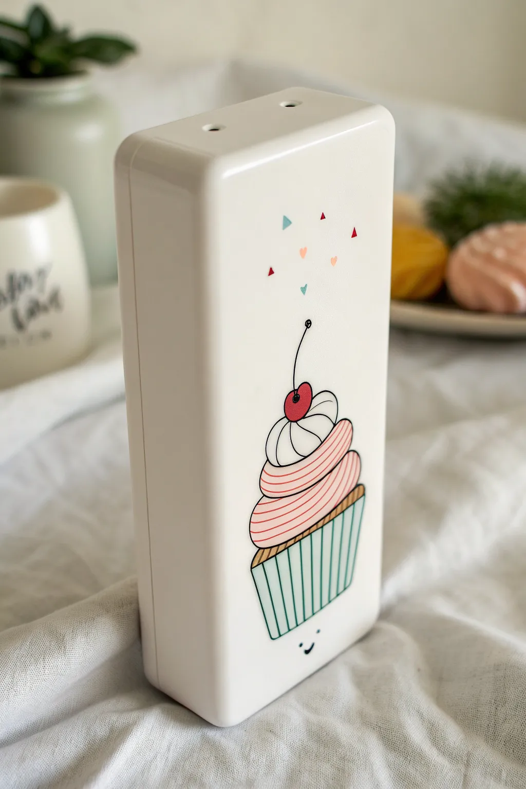 Smiley cupcake color-block doodle on a charger brick, minimalist and bold for cute tech decor.