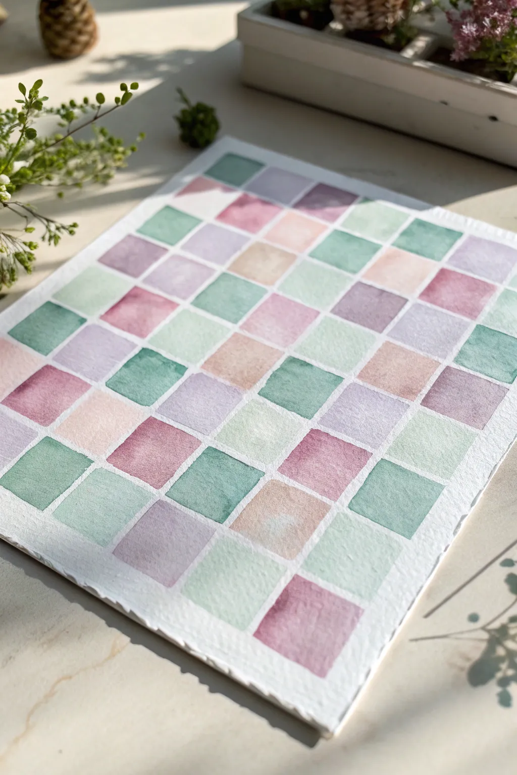 Soft pastel checkerboard in blush, mint, and lilac for a gentle, airy Scandinavian-boho look