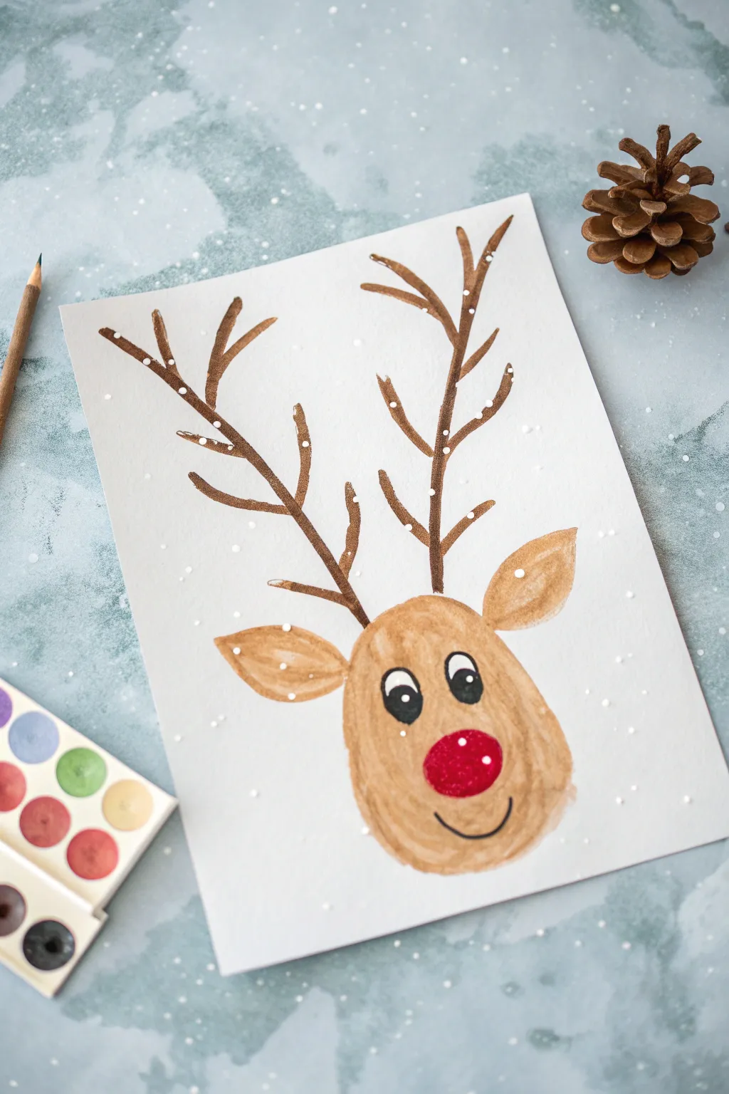 Easy reindeer face painting with a bold red nose and soft snowy wash, perfect for kids.