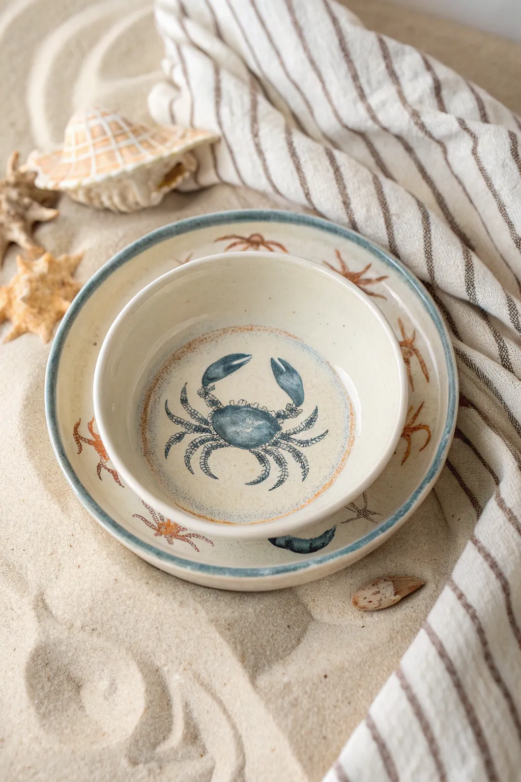 Coastal crab chip and dip bowl painting idea with bold corals and ocean blues, minimal style
