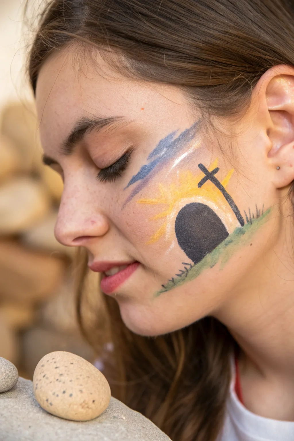 Empty tomb cheek paint: dark cave, rolled stone, and sunrise glow in minimalist boho style