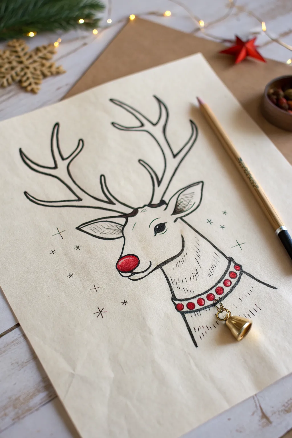 Draw a friendly reindeer head with big antlers, a bright nose, and a tiny bell for Christmas.