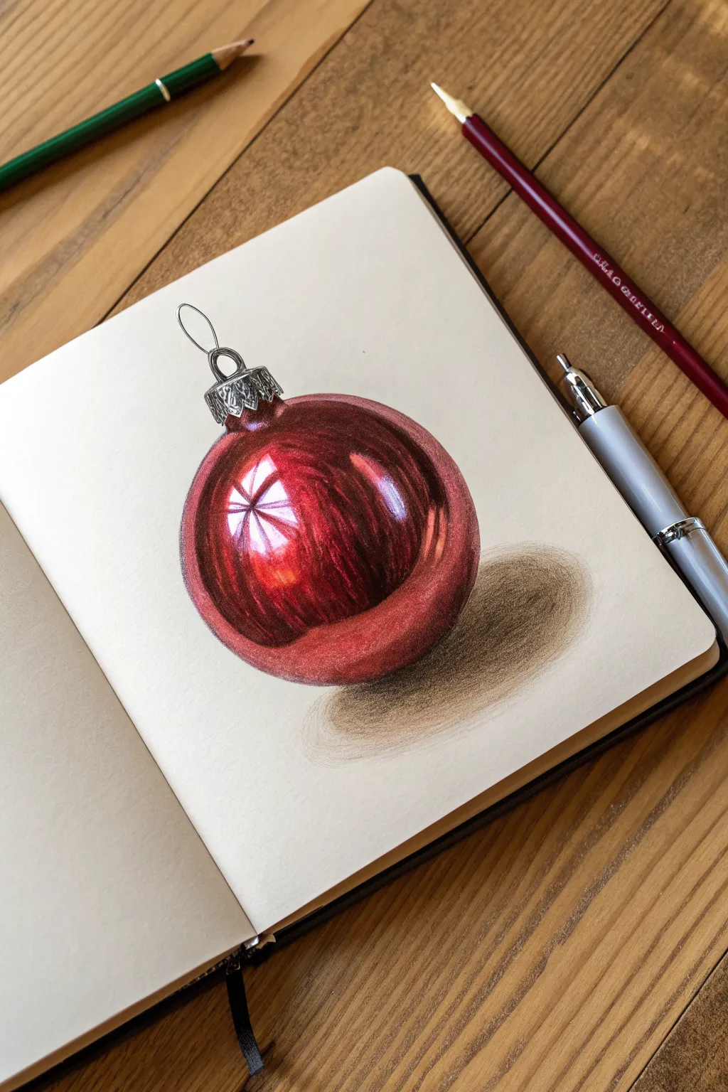Realistic ornament drawing: bold color gradient, bright highlight, and crisp window reflections up close.