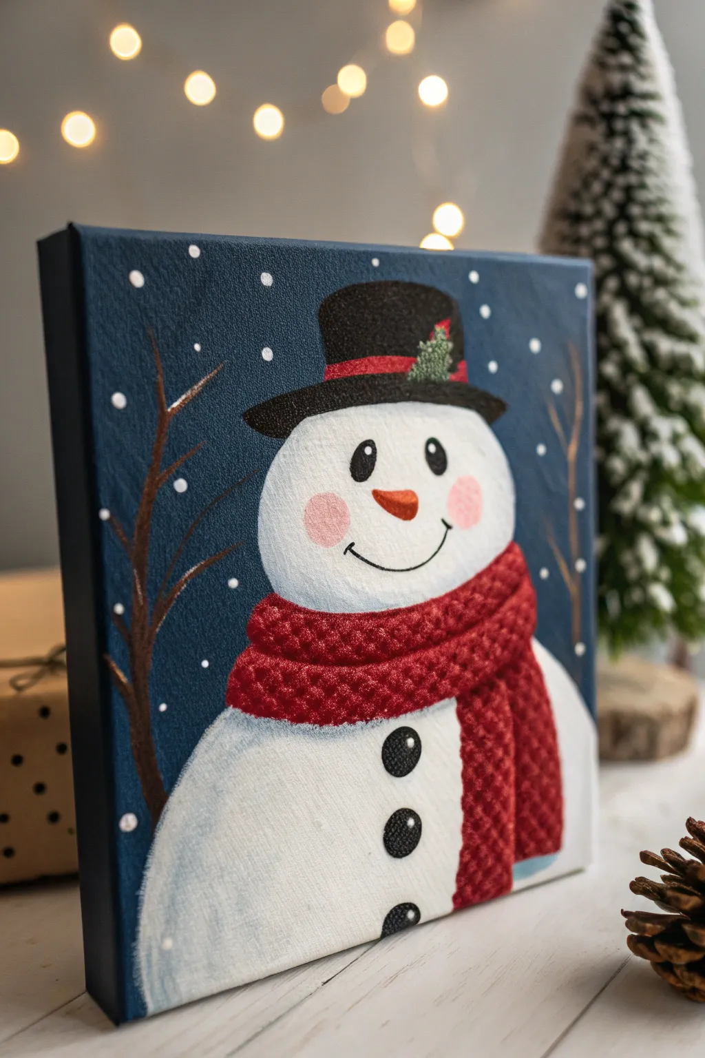 Minimalist snowman portrait with rosy cheeks, bold scarf, and softly falling snow