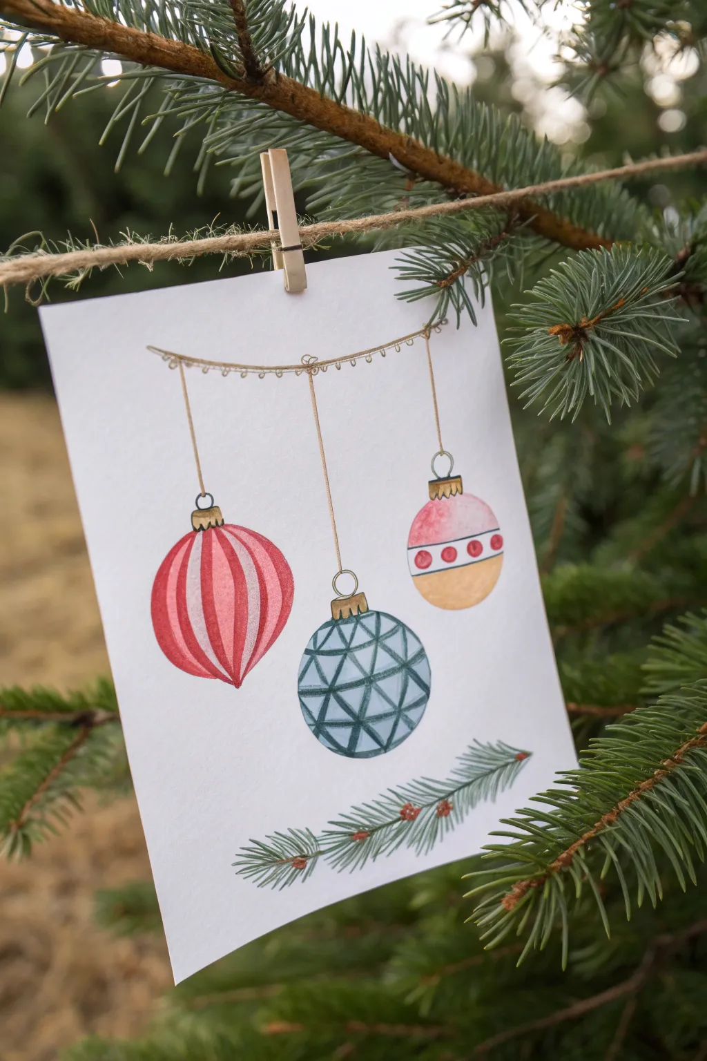 Minimalist branch with bold baubles and subtle metallic sparkle for an easy kids Christmas paint idea