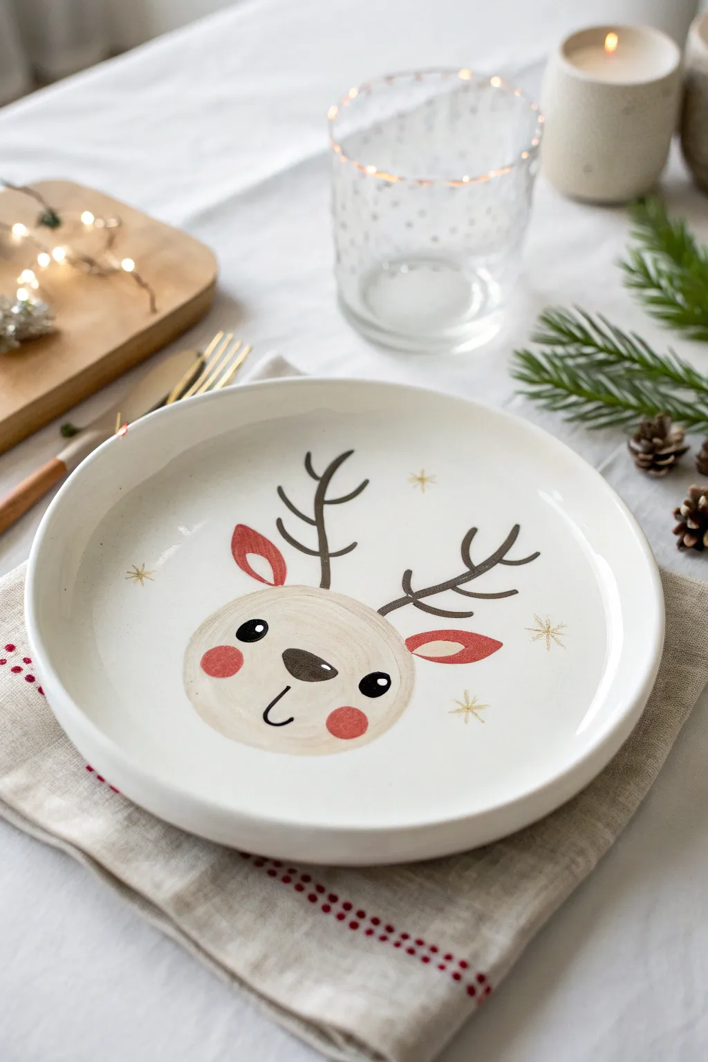 Sweet minimalist reindeer face plate with a bold red nose for easy Christmas painting