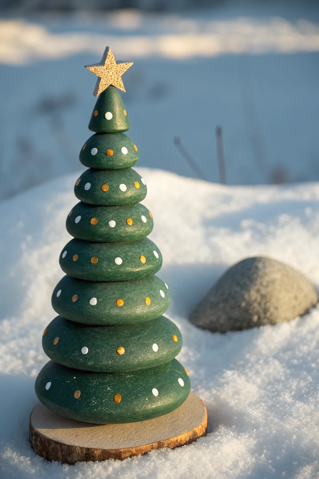 Simple Christmas tree rock with glowing dot lights and a tiny star on a cool winter blue