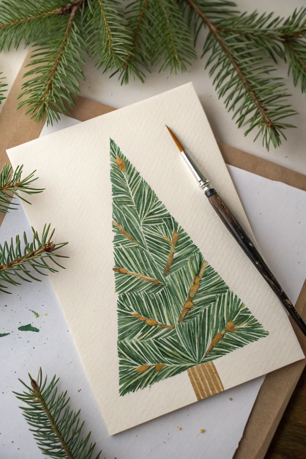 Fork-printed pine needle Christmas tree art in bold emerald, minimal, modern, handcrafted.