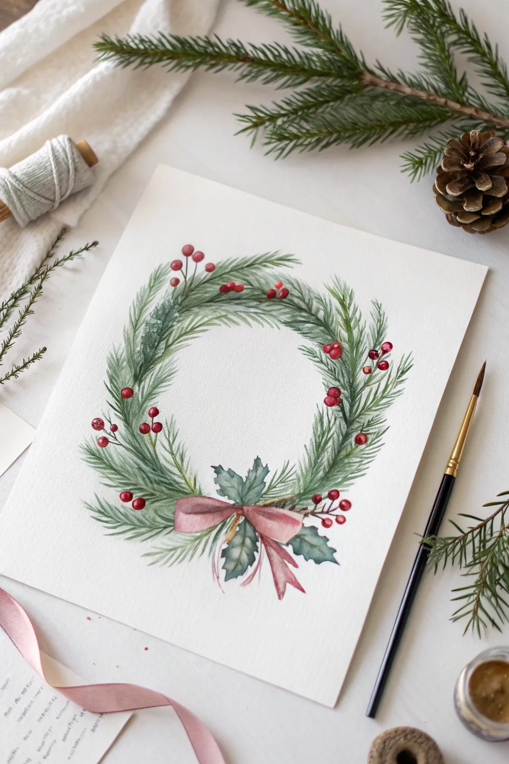 Watercolor holiday wreath: pine, bright berries, and a simple bow with clean airy white space