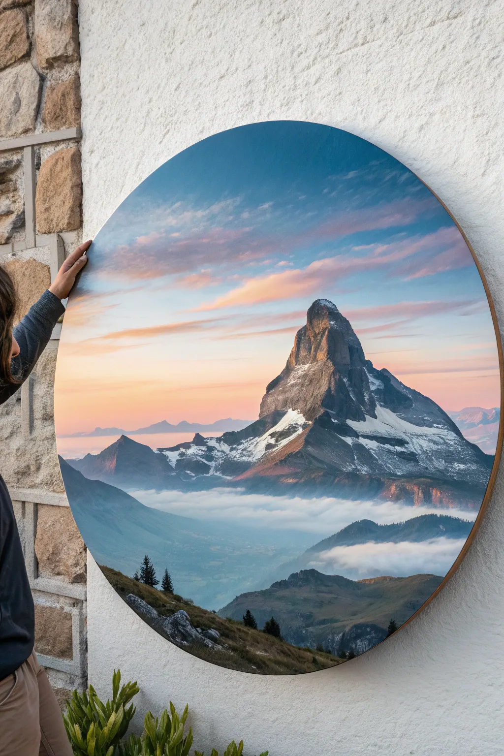 Mountain peak circle canvas: bold sky dome and misty layers in minimalist boho color.