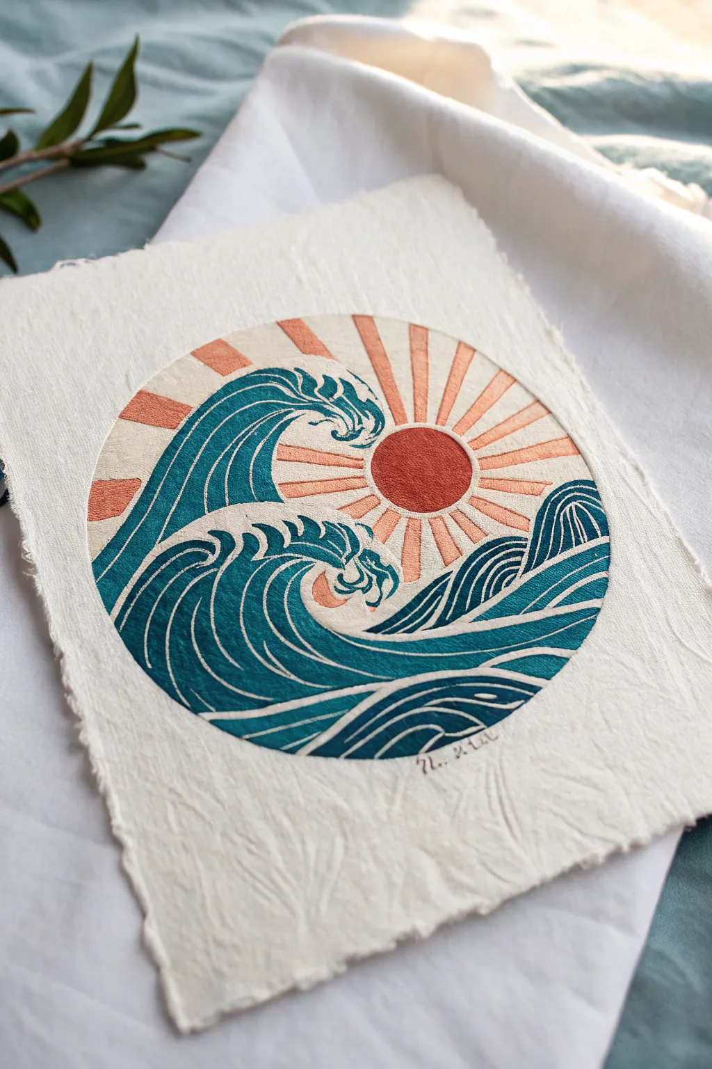 Ocean waves and rising sun circle drawing in bold teal and coral, minimalist boho vibe