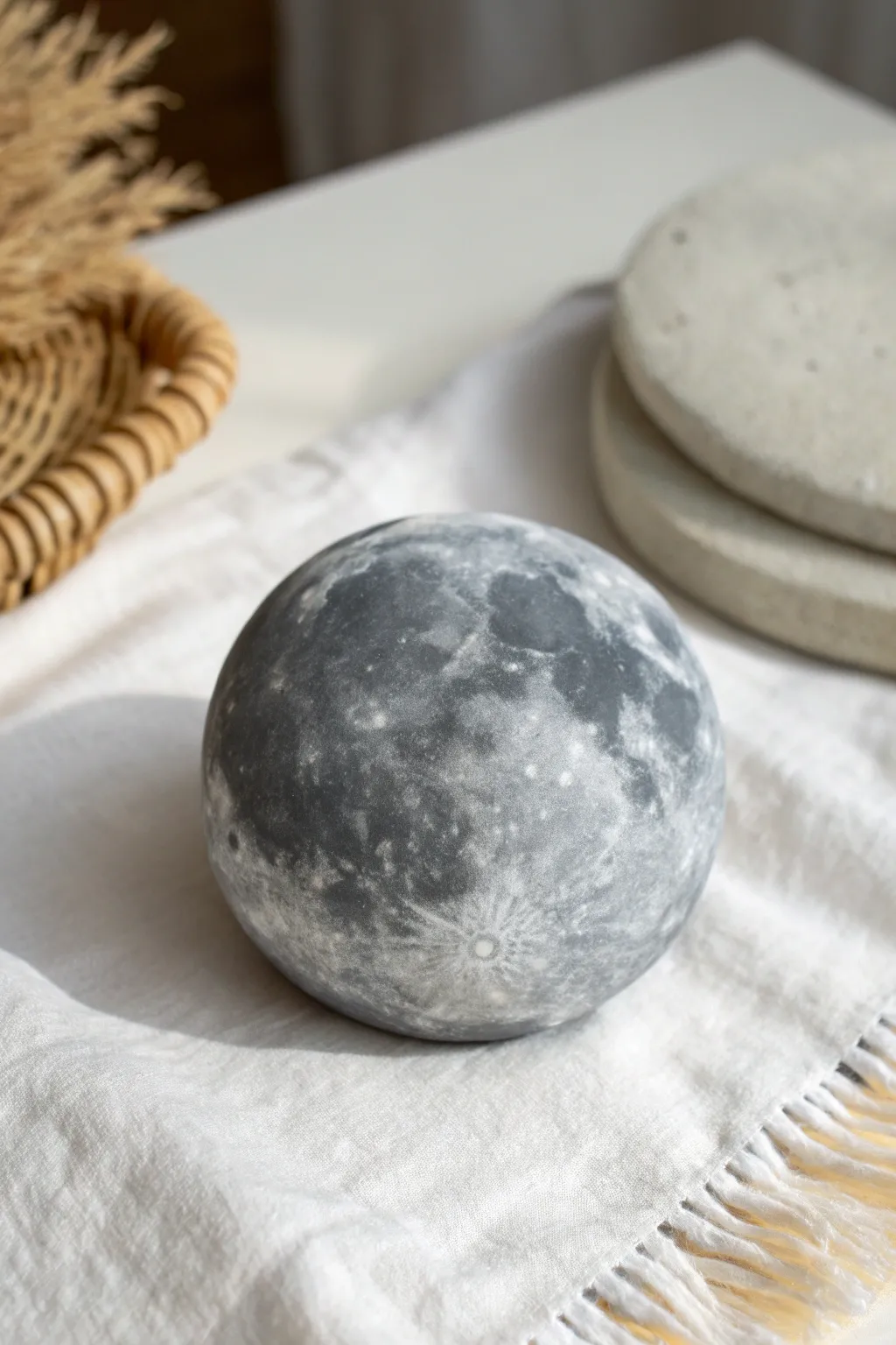 Textured full-moon circle rock with layered gray craters and a soft crescent shadow