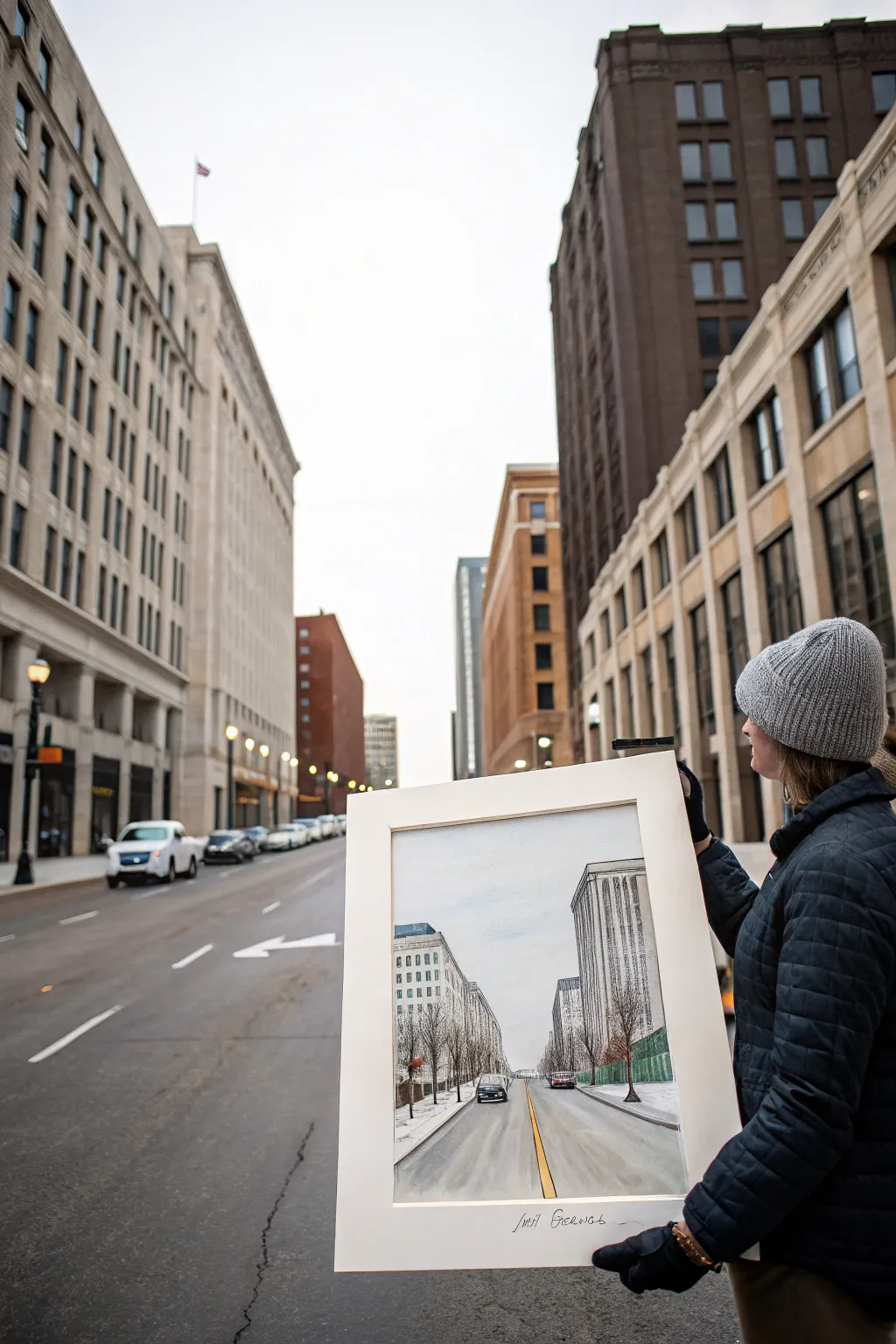 Classic downtown street perspective painting idea with a bold vanishing point and tiny city details