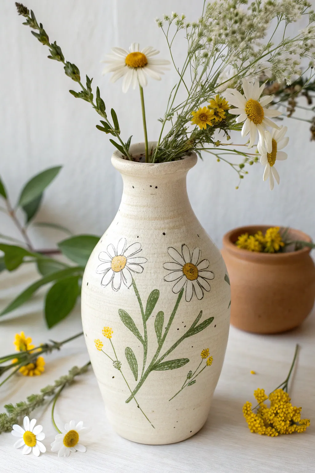 Matte clay vase with simple daisies and real wildflower stems for an instant cottage feel