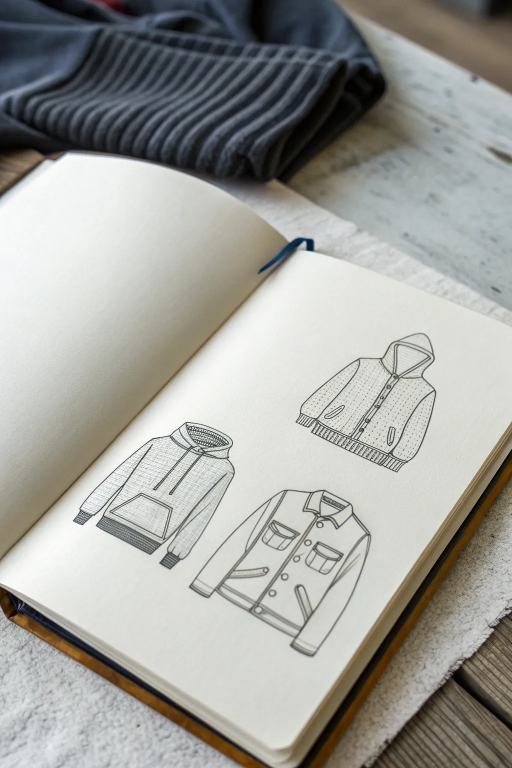 Layering sketch inspo: one collared shirt styled under a sweater, hoodie, and jacket.