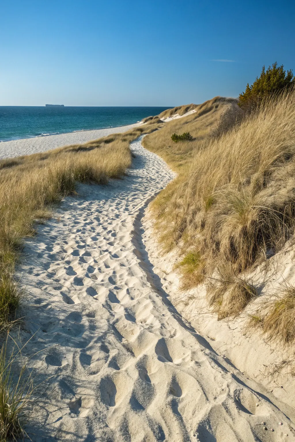 Sandy path through soft dunes, leading to a bold blue horizon and calm coastal minimalism