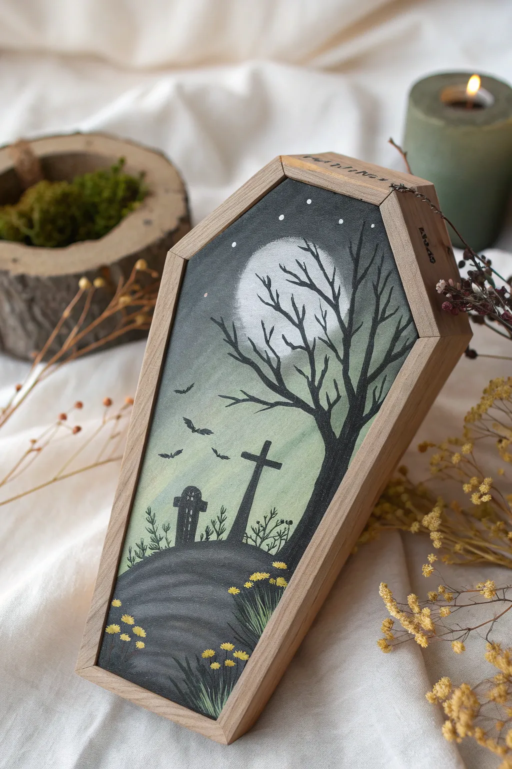 Moody mini coffin art: haunted graveyard lid with mist, moonlight, and minimalist boho styling.