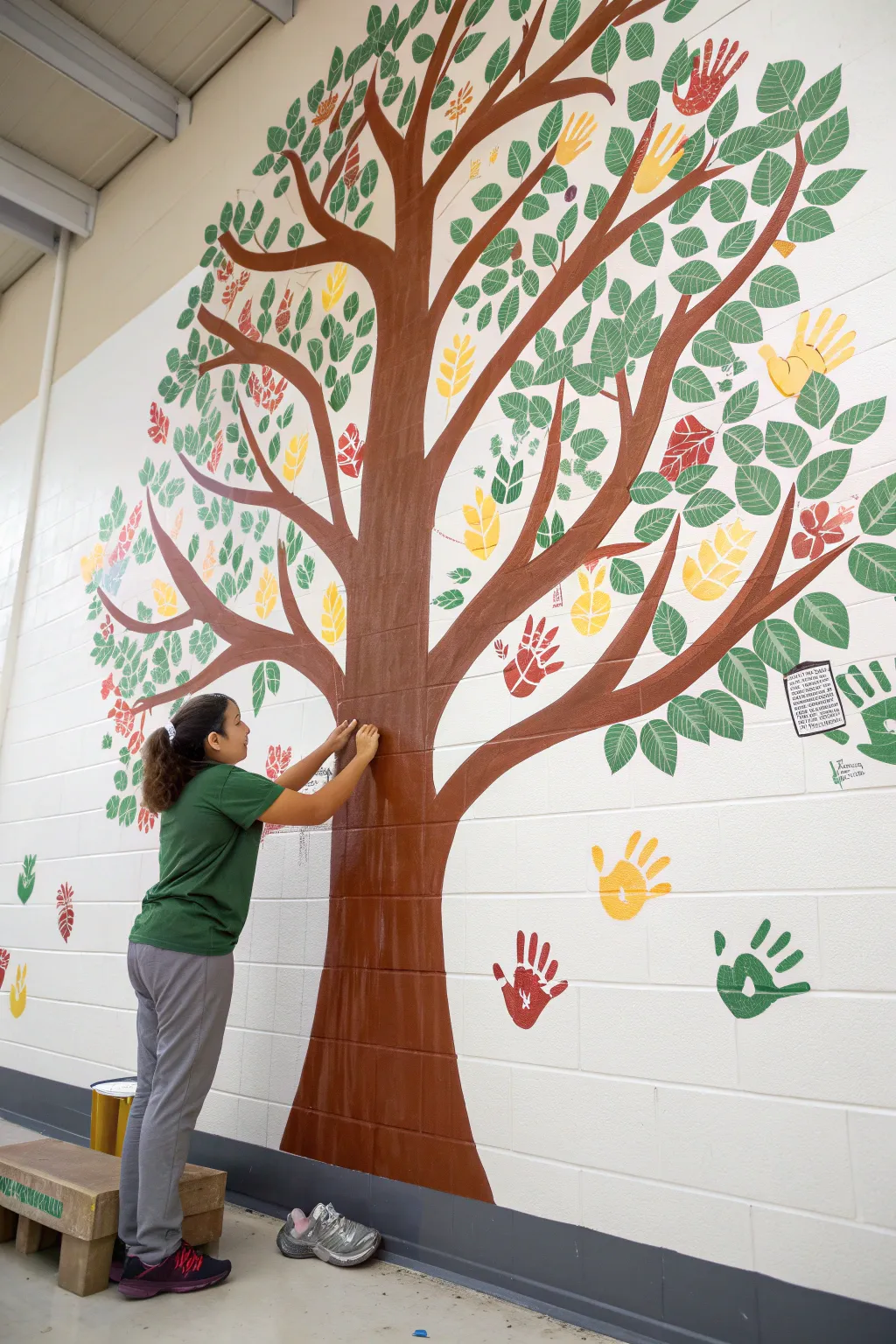 Handprint canopy tree mural in progress, layered greens with bold accents for a striking finish