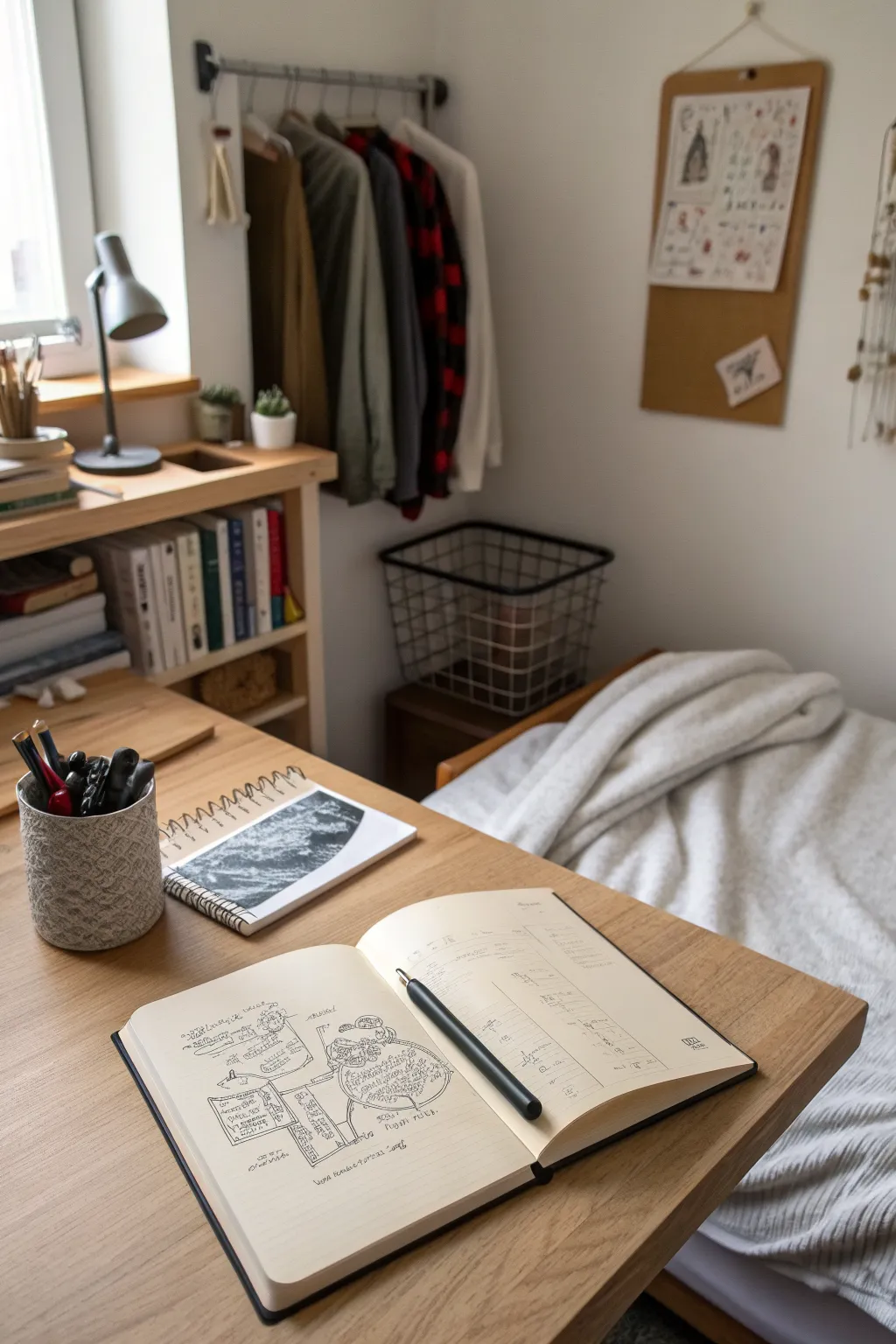 Simple dorm corner sketch idea: cozy blanket, books, basket, and taped posters in clean lines
