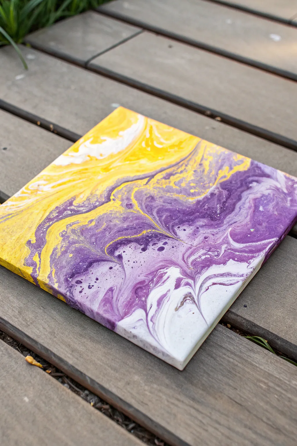 Yellow + purple pour palette: sunny ribbons, violet-lavender depth, and crisp white lacing.