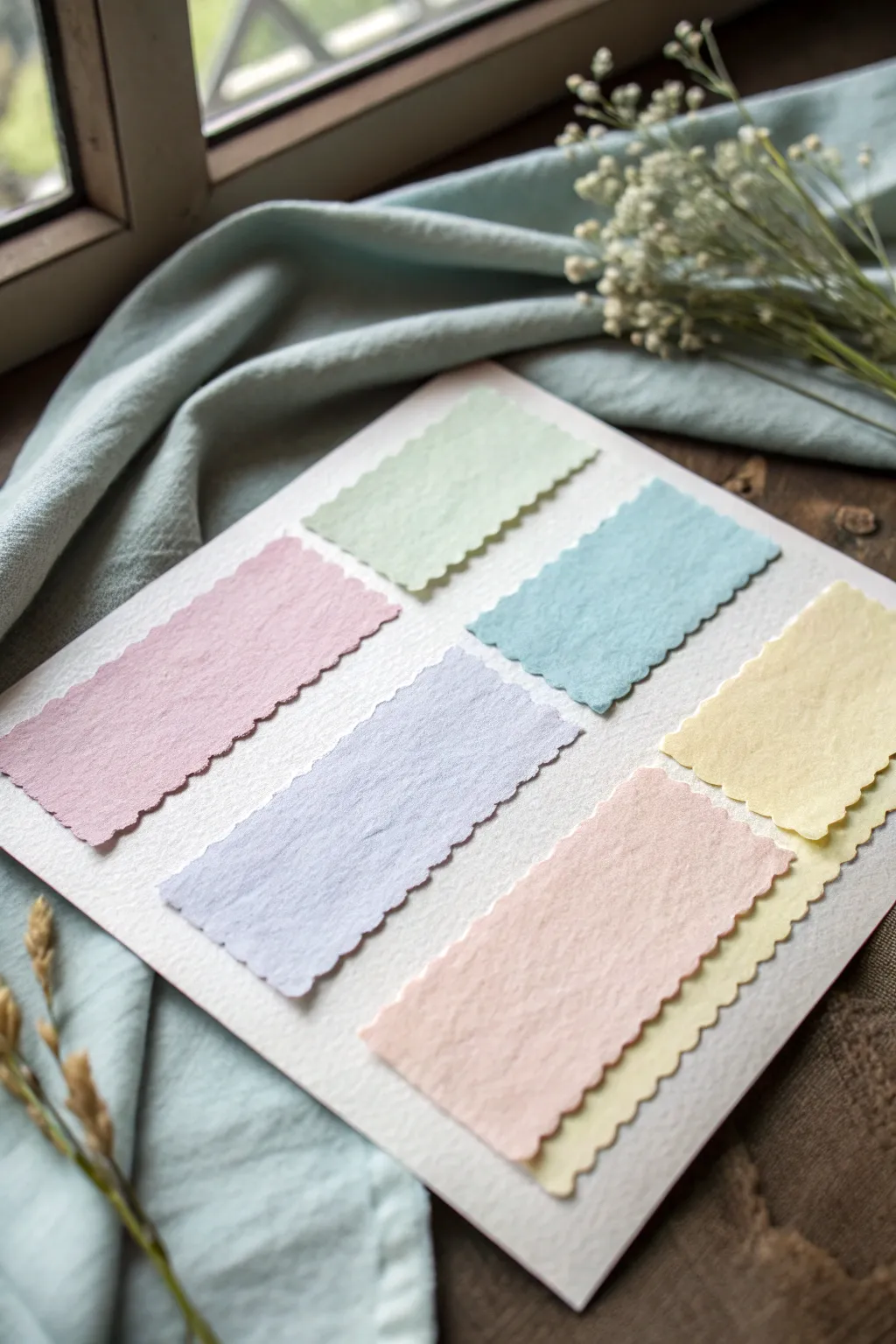 Sweet pastel palette swatches on handmade paper for dreamy, minimalist Scandinavian color ideas.