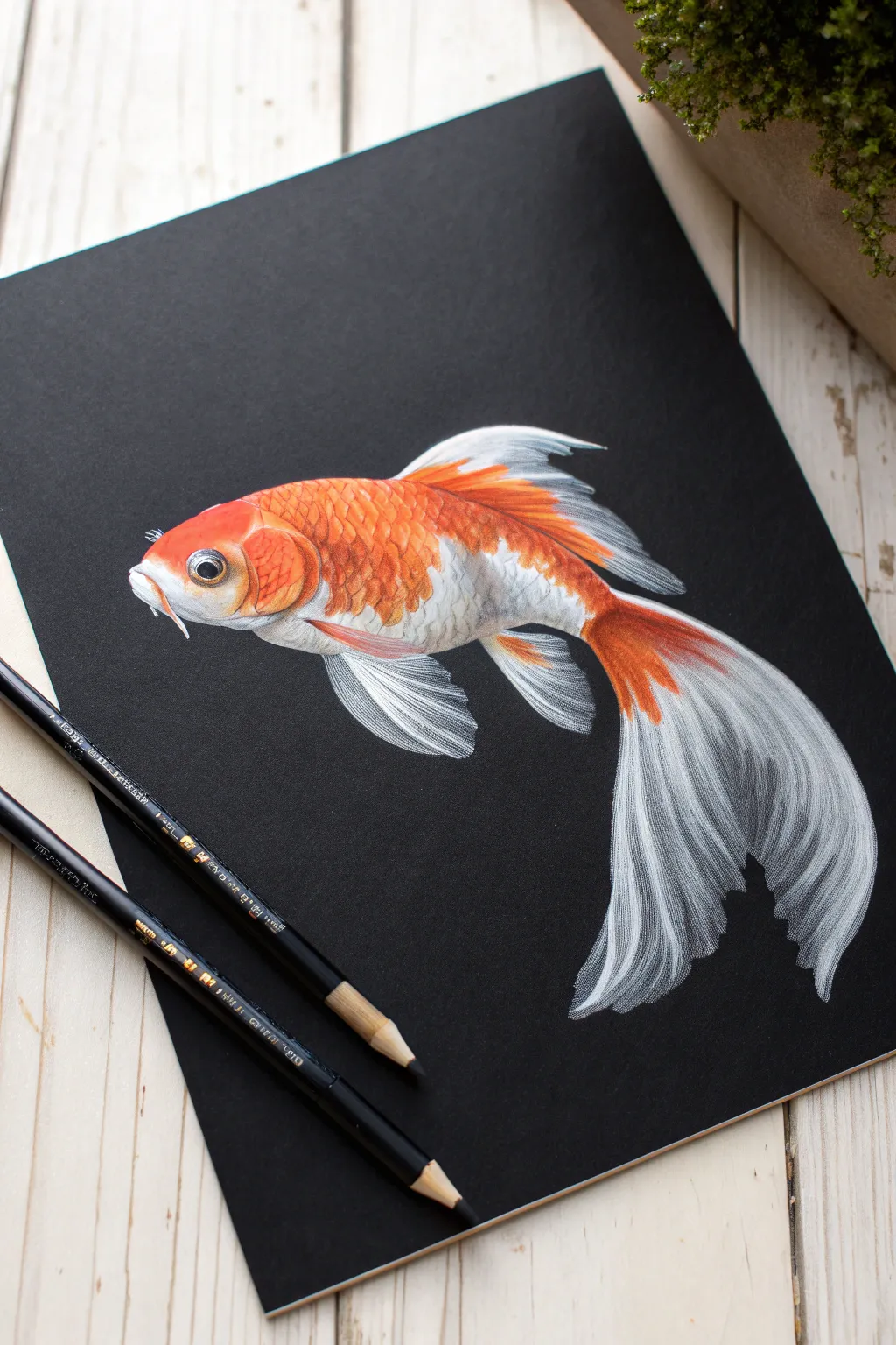 Luminous goldfish on black paper, glowing rim highlights for deep-water drama and contrast.