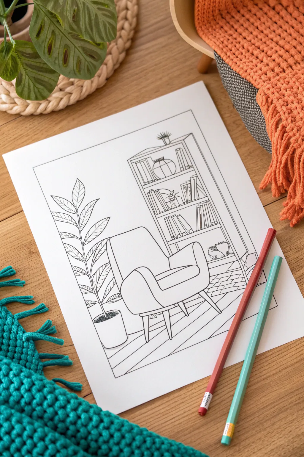 Warm neutral reading nook coloring with a bold pop blanket, minimalist Scandinavian boho vibe