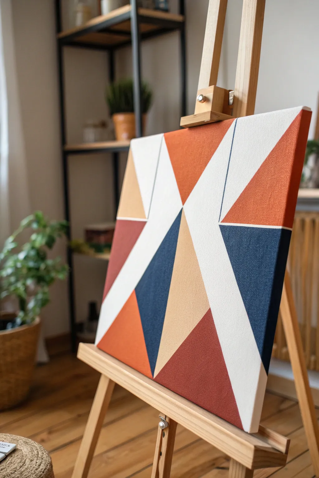 Minimal geometric tape painting with crisp triangles and bold color blocks on a calm neutral base