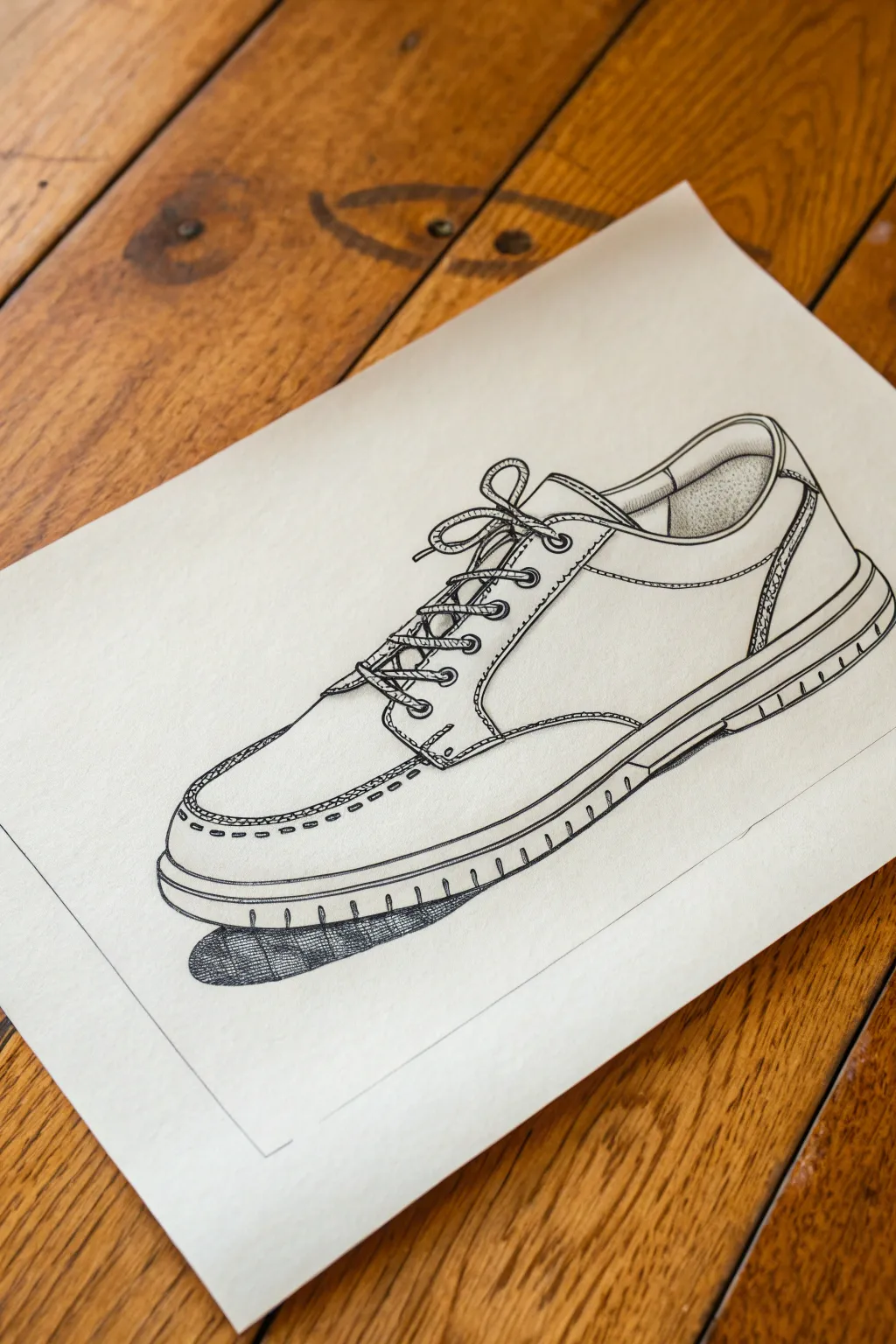 Minimalist shoe contour sketch with textured laces and tread details for drawing inspiration