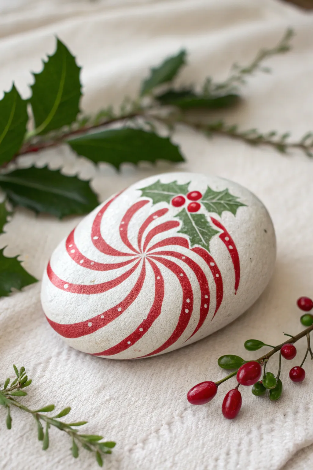 Candy cane spiral rock with tiny holly detail, a chic minimalist Christmas craft idea.