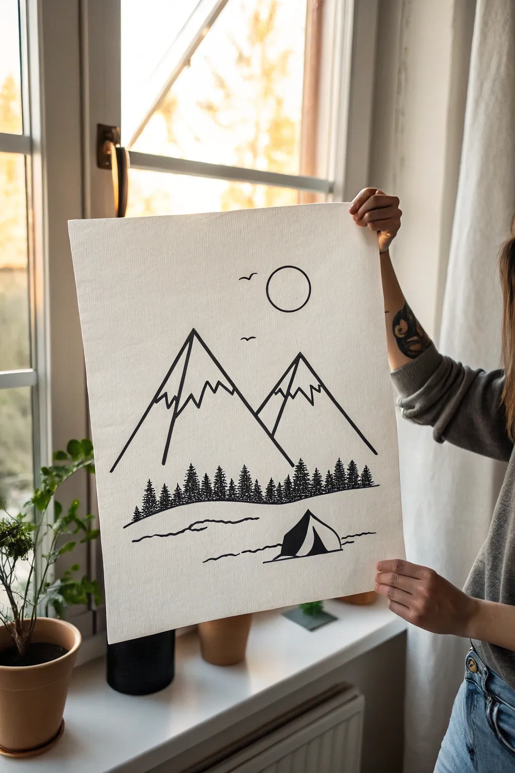Minimal mountains with a tiny tent and moon, crisp line art and bold shadows for dreamy contrast.