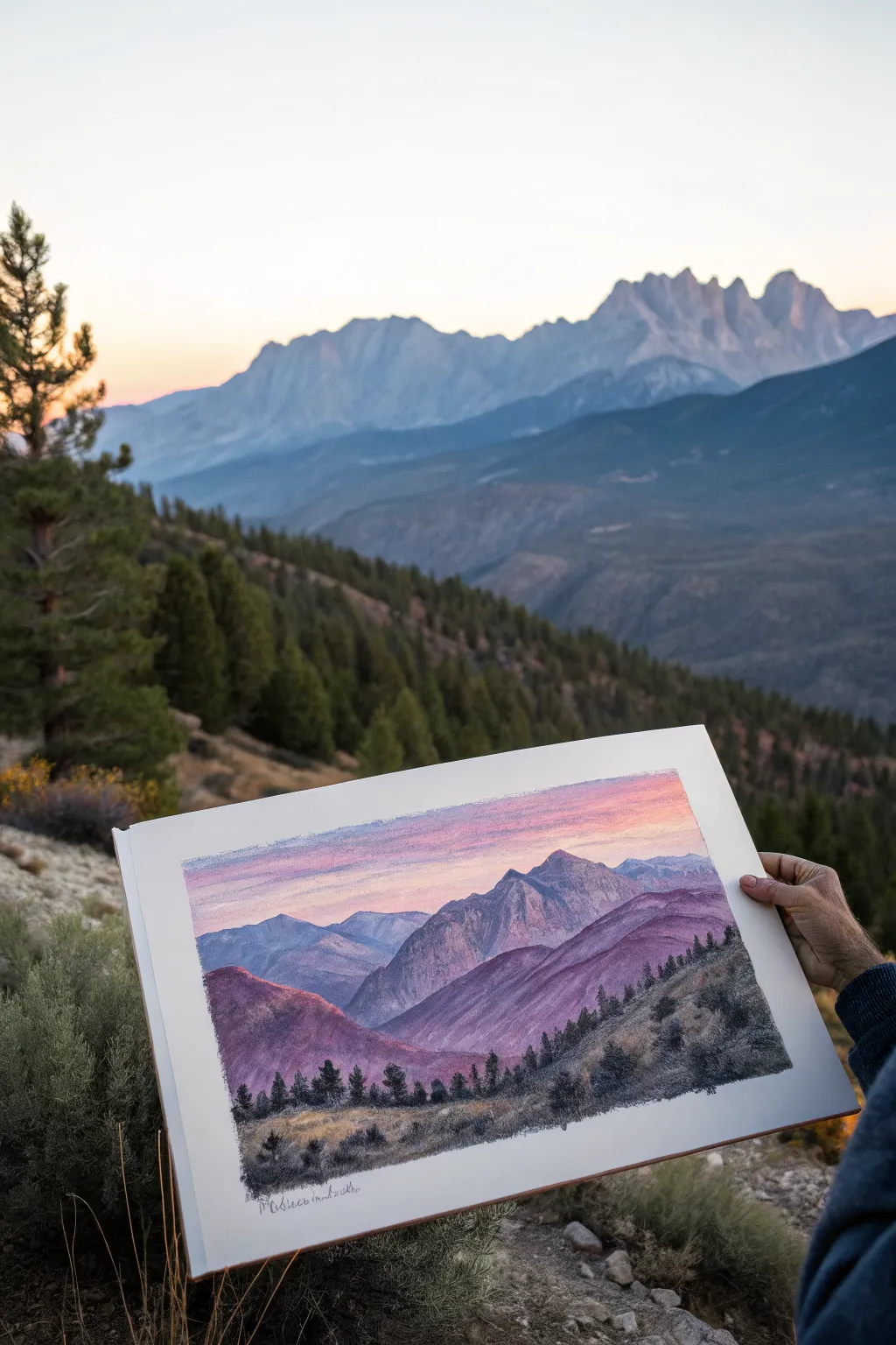 Try this golden-hour mountain range in oil pastels: bold layers, soft haze, and cozy sunset tones.