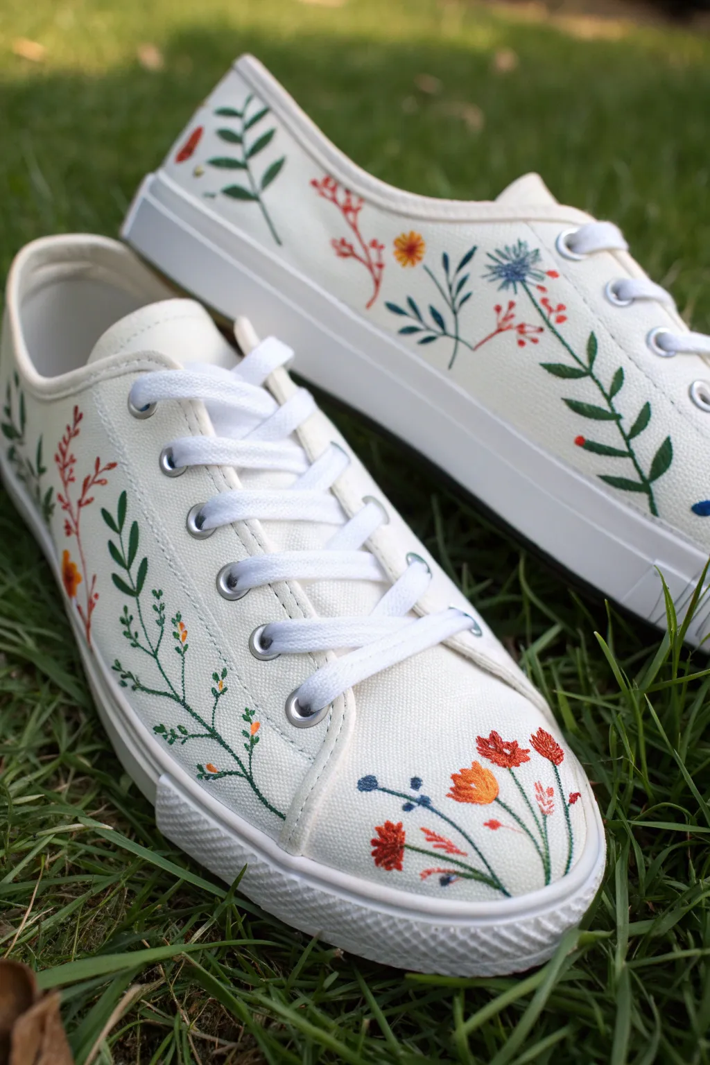 Wildflower wrap-around shoe art with bold color pops, clean minimal vibes, and handcrafted detail