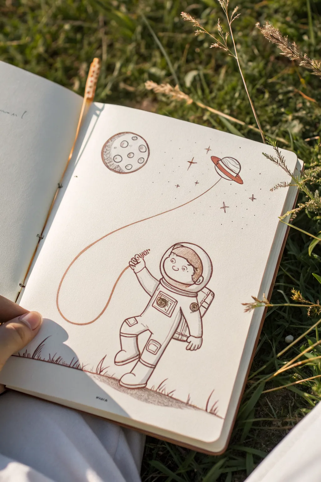 Simple astronaut float pose with a curved tether and tiny planet for instant space vibes