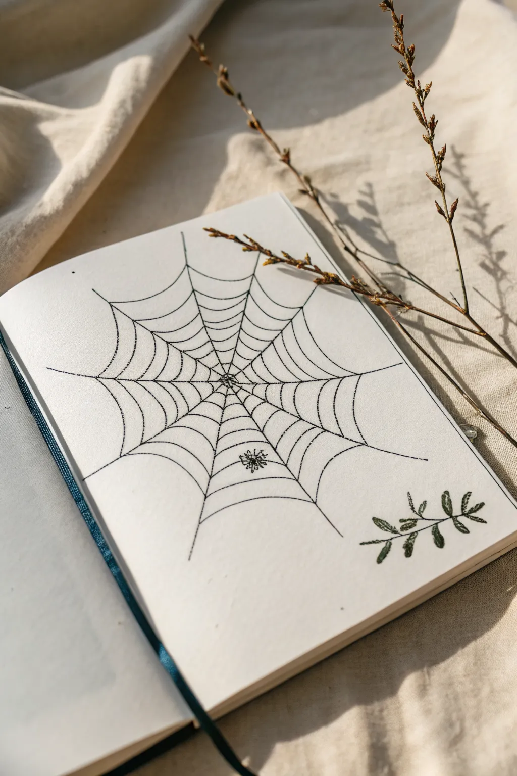 Minimal spider web sketch between two branches, with natural sag and bold boho color accents