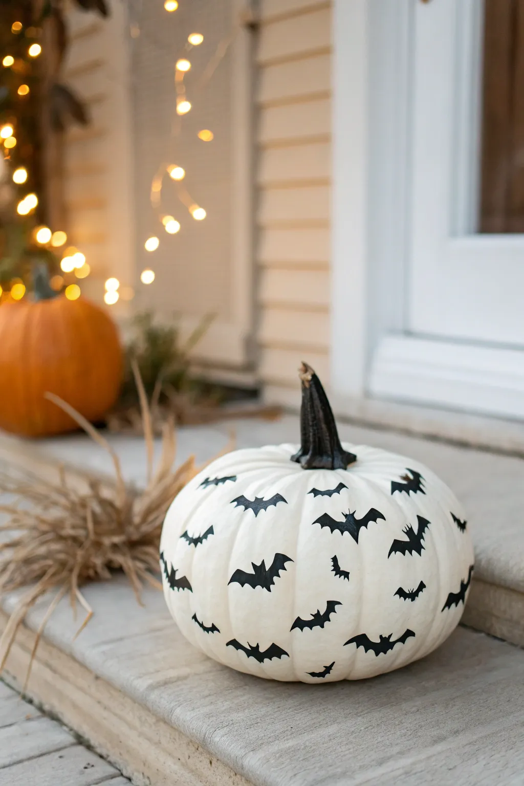 Cool white pumpkin with matte black bat silhouettes, minimalist Halloween chic for your entryway.