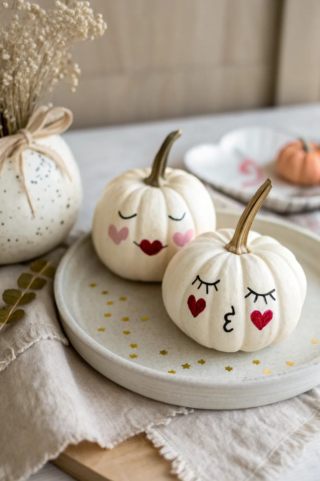 Wink and kiss face pumpkins: a sweet painted pair with tiny hearts, minimalist boho fall charm
