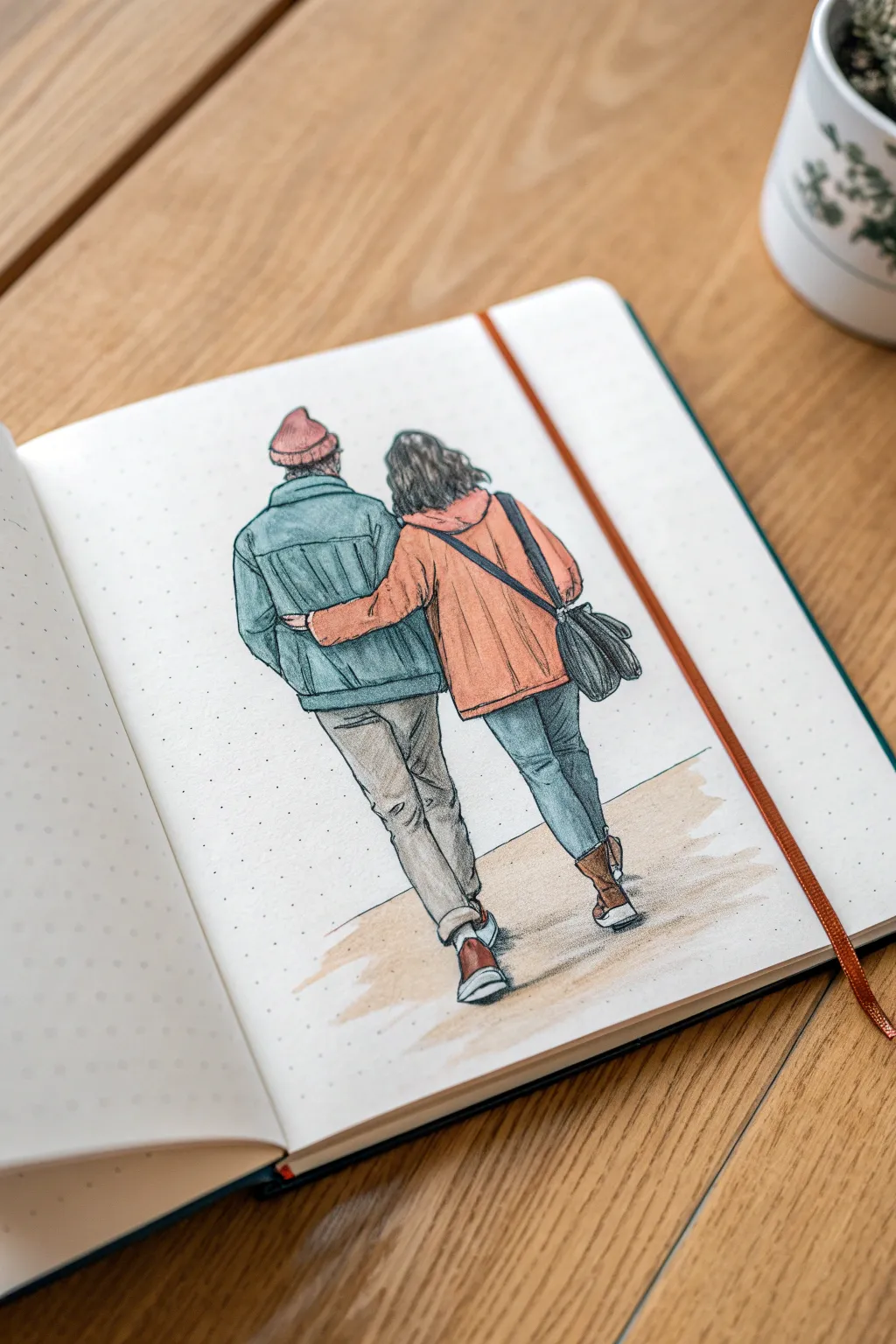 Back-view couple walk sketch idea with clean lines, soft folds, and bold minimalist color.