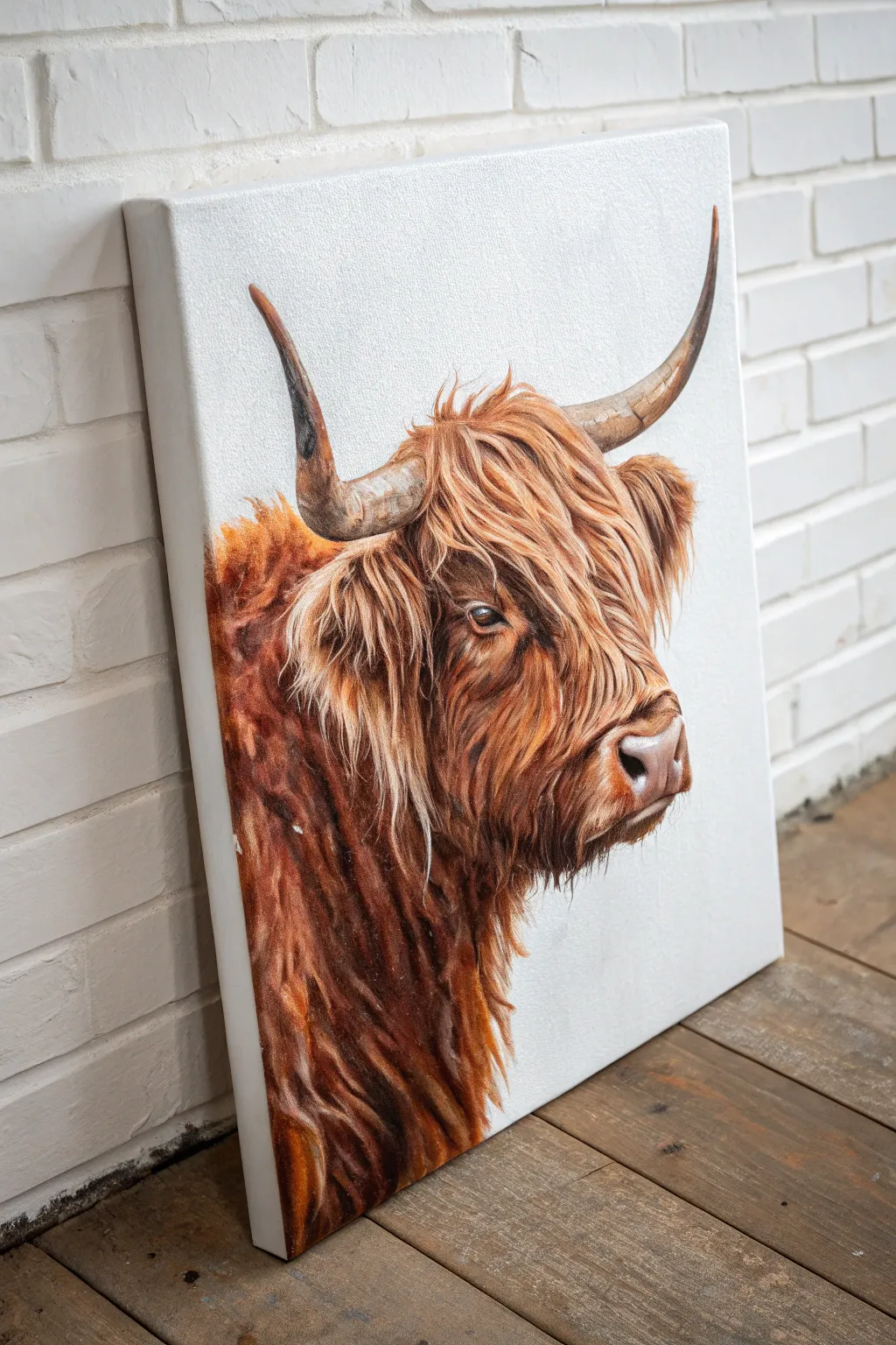 Textured Highland cow portrait with shaggy bangs in earthy tones and bold auburn contrast