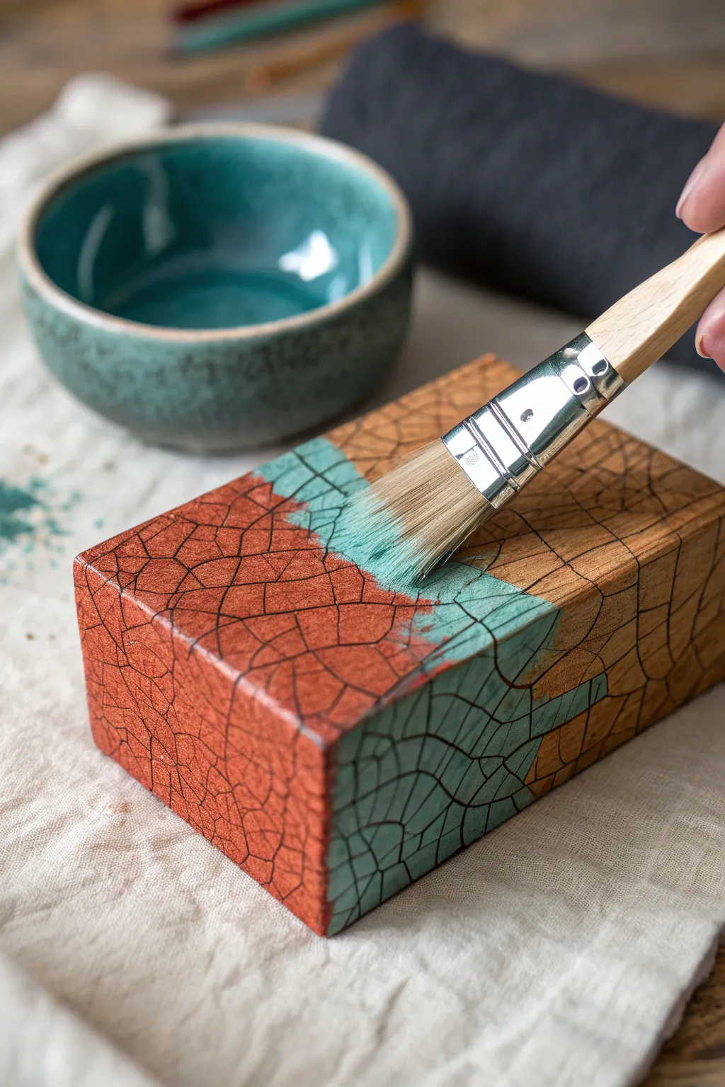Budget-friendly glue crackle on one wooden block, glossy in-progress to bold finished texture