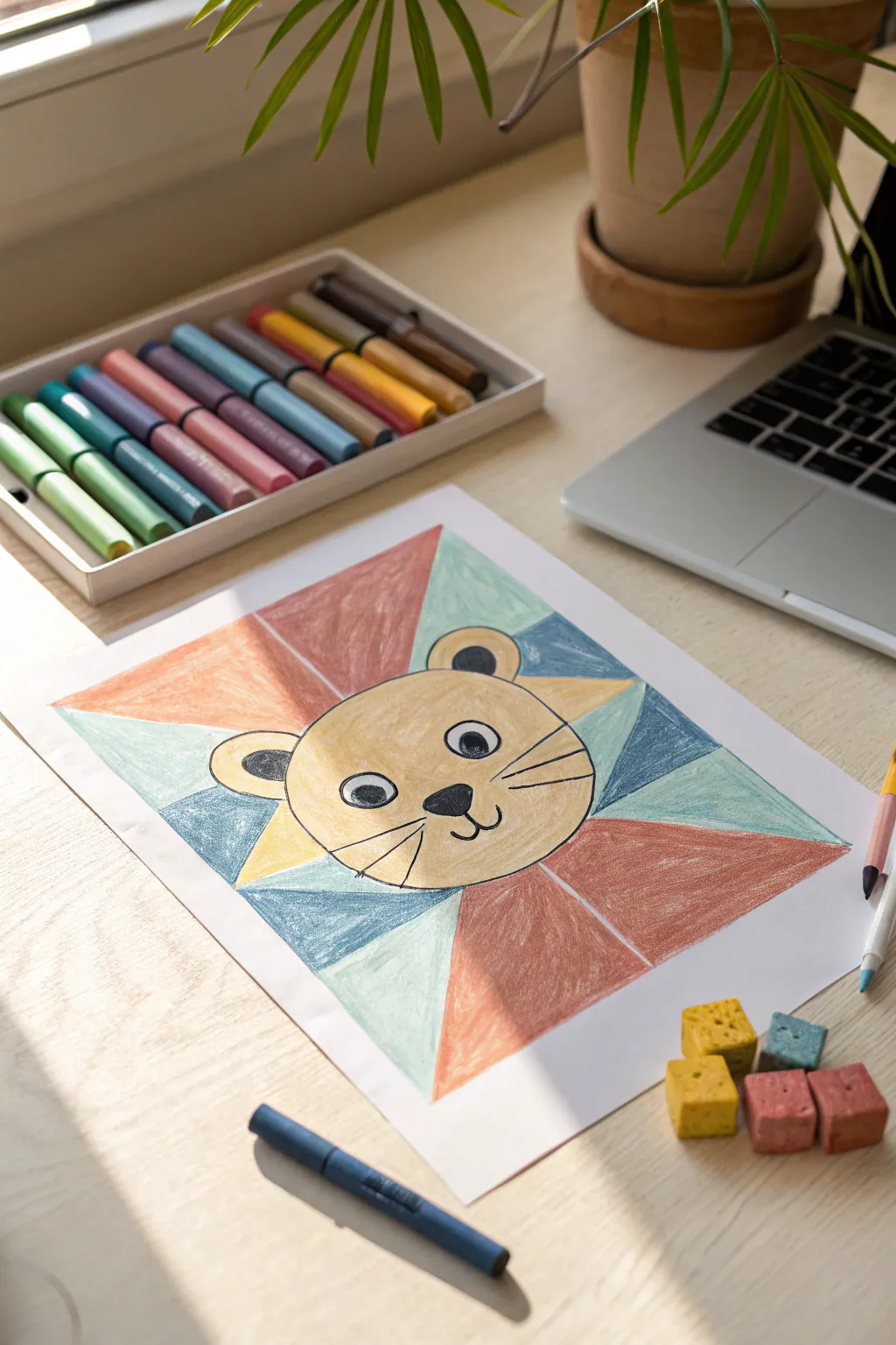 Simple shape animal portrait with bold crayon color blocks for a clean, modern cute look