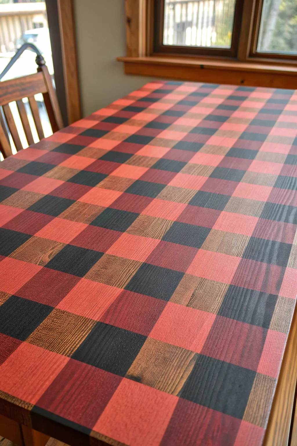 Cozy DIY buffalo plaid tabletop with bold contrast and minimalist Scandinavian-boho warmth.
