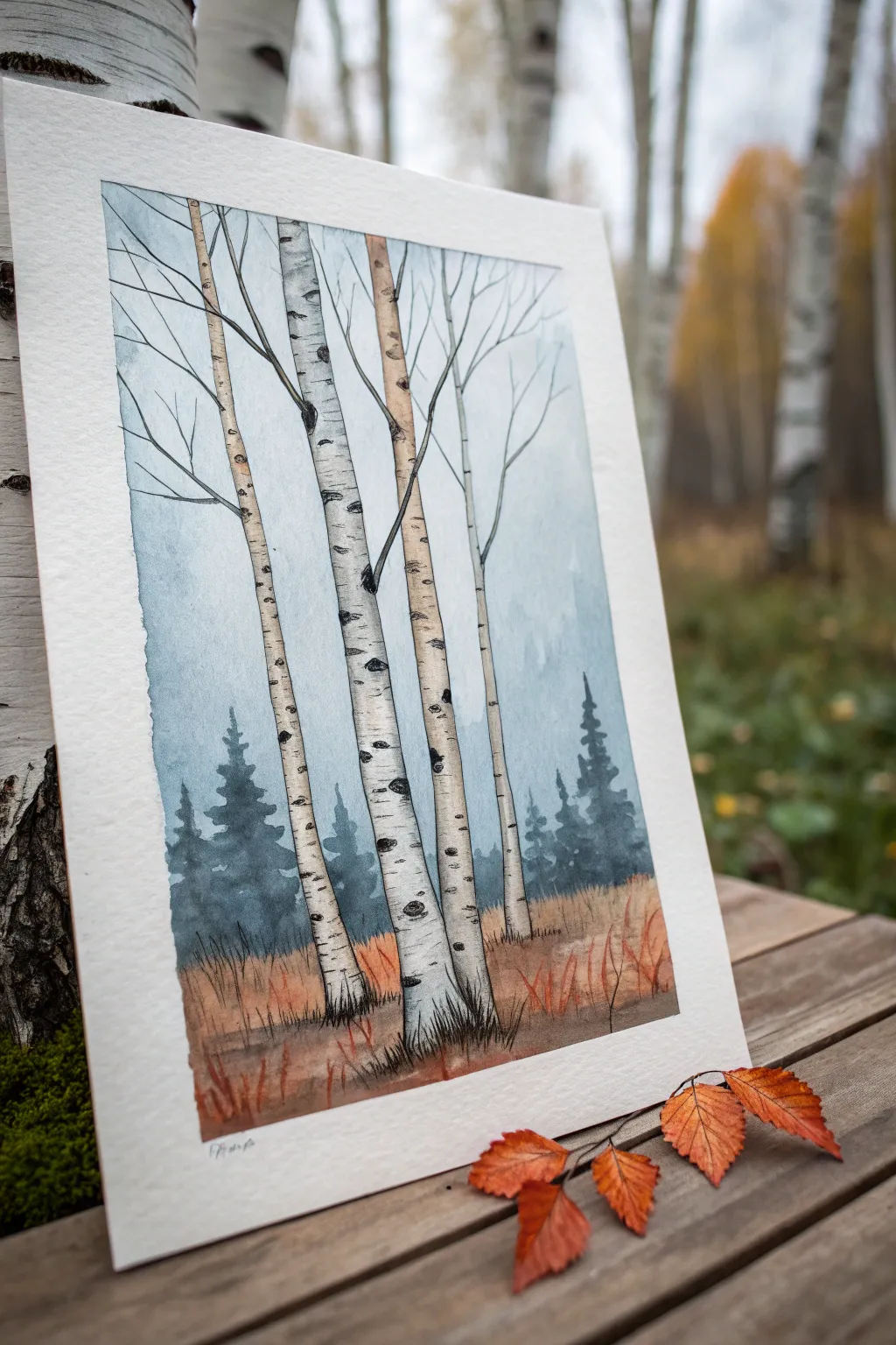 Easy birch trees with dry-brush texture, a soft forest wash, and warm scattered leaves.