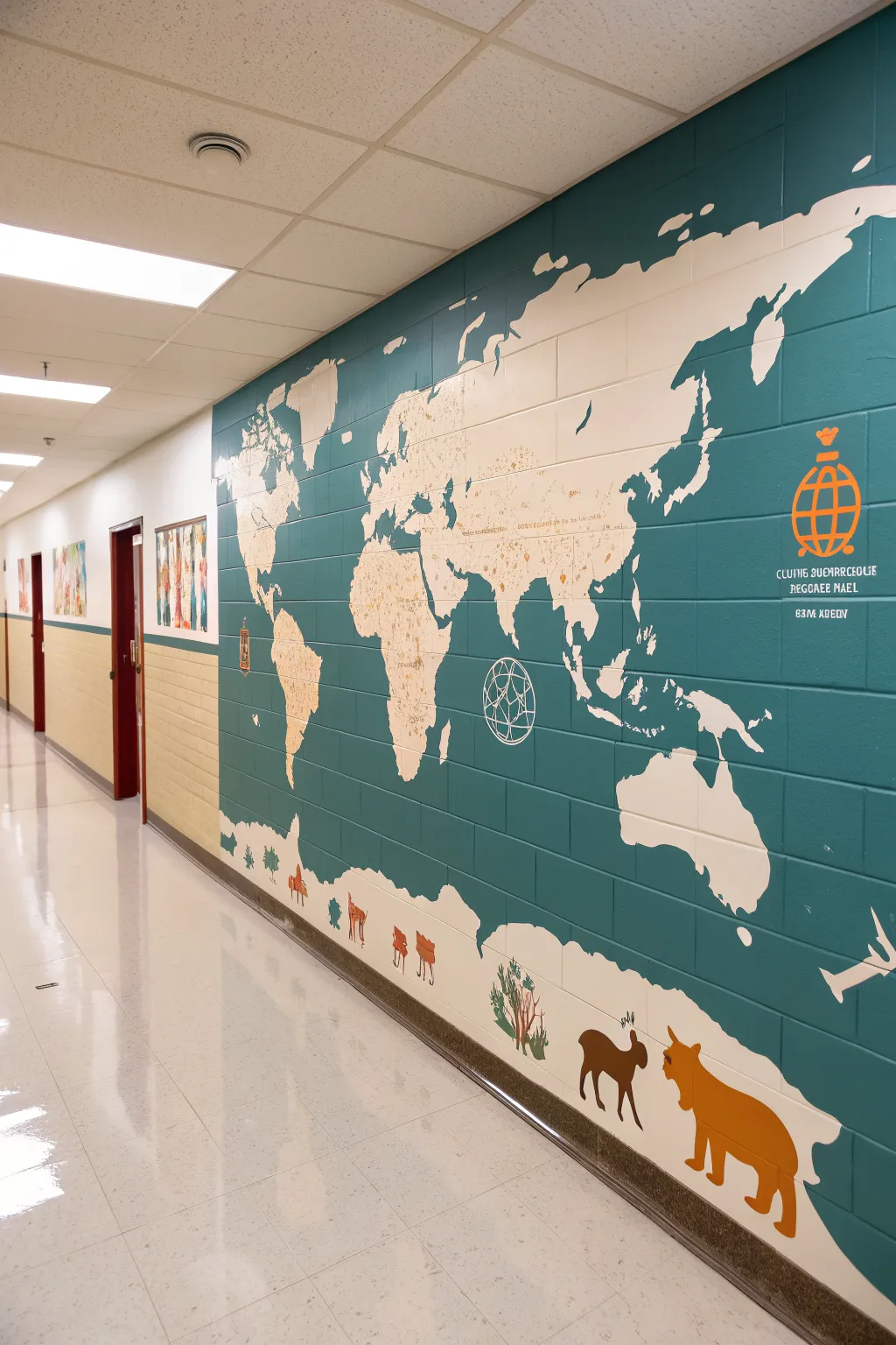 Minimal world map mural for a school hallway, bold colors and simple icons for learning