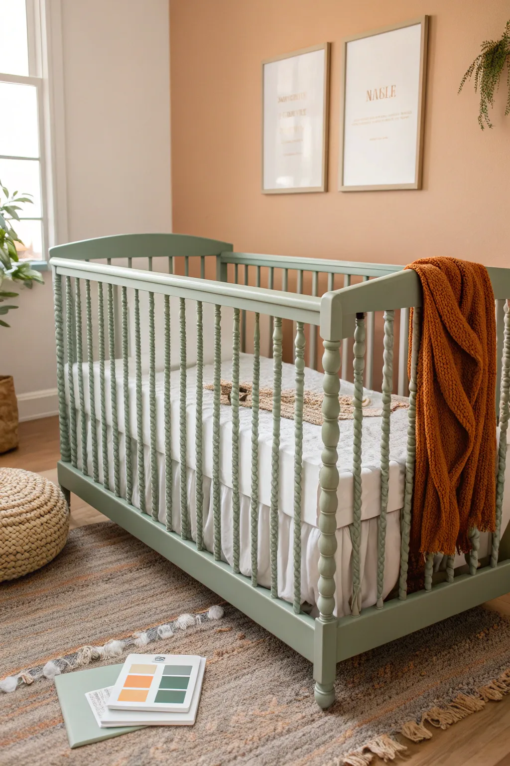 Muted sage green crib with crisp white bedding and a simple paint swatch moment for calm nursery inspo.