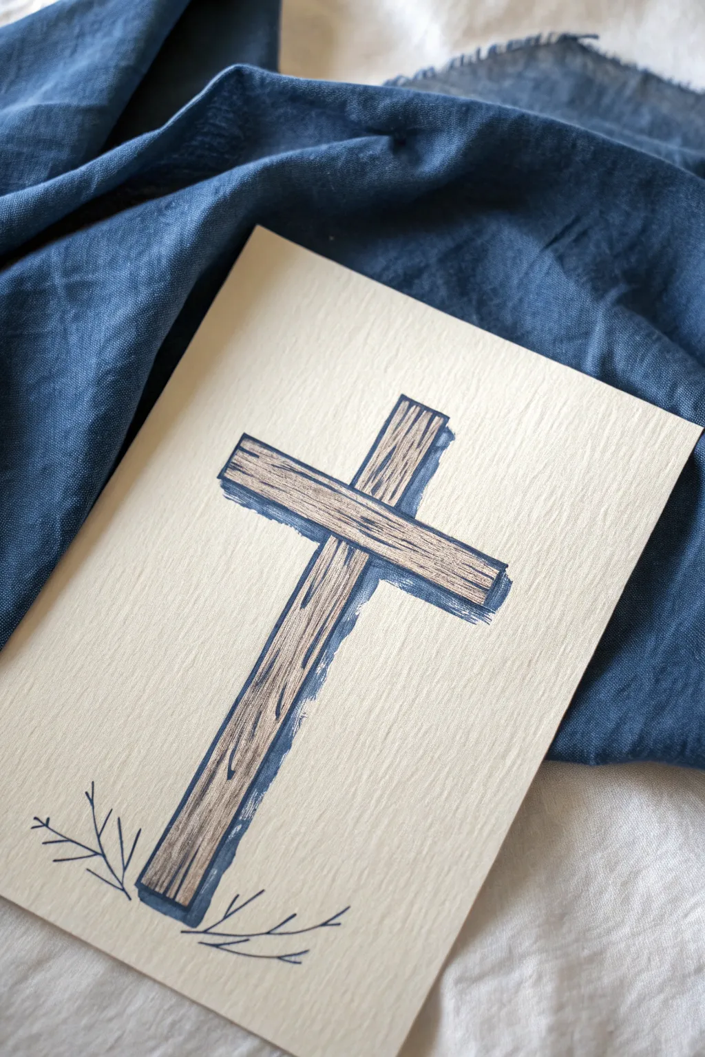 Minimalist cross drawing with a draped cloth, flowing folds, and bold, calming contrast.