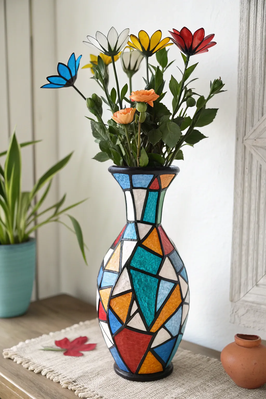 Cubist vase of flowers with stained glass outlines, bold color shards, and clean Nordic calm.