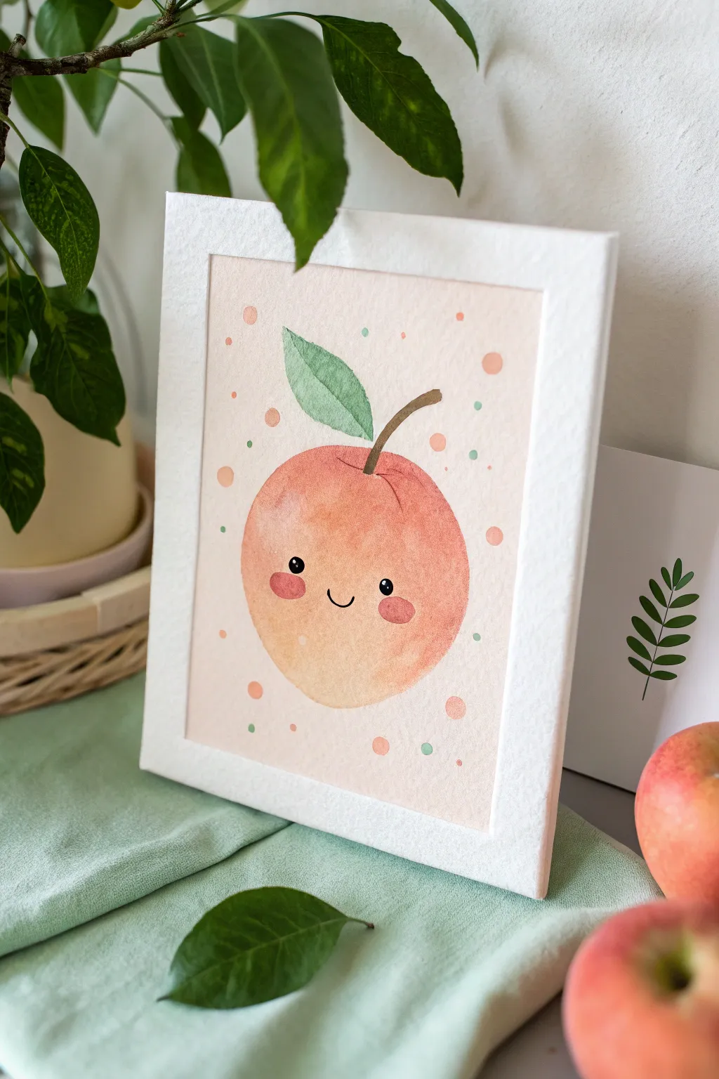 Sweet kawaii peach acrylic painting with rosy cheeks on a clean pastel background, minimal and chic.