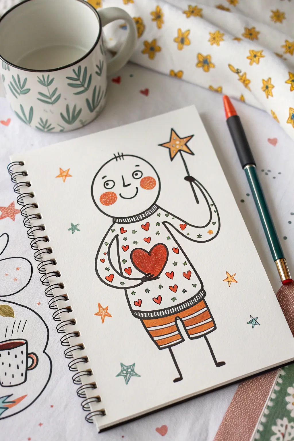 Round-shapes-only cartoon cutie with heart, star, and mug in bold minimal boho colors